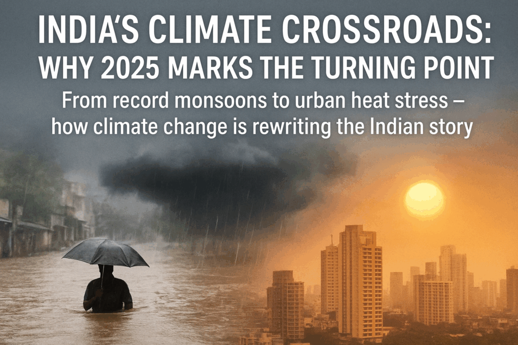 Digital composite image showing India’s climate crisis — a man walking through floodwaters under dark monsoon clouds on the left and a heat-hazed urban skyline with the sun blazing on the right — symbolizing extreme weather and climate change impacts across India.