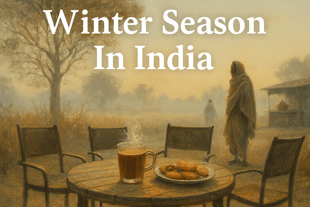 Winter morning in rural India with misty sunlight, a wooden table set with hot tea and biscuits, surrounded by four chairs, and villagers wrapped in shawls near a roadside tea stall