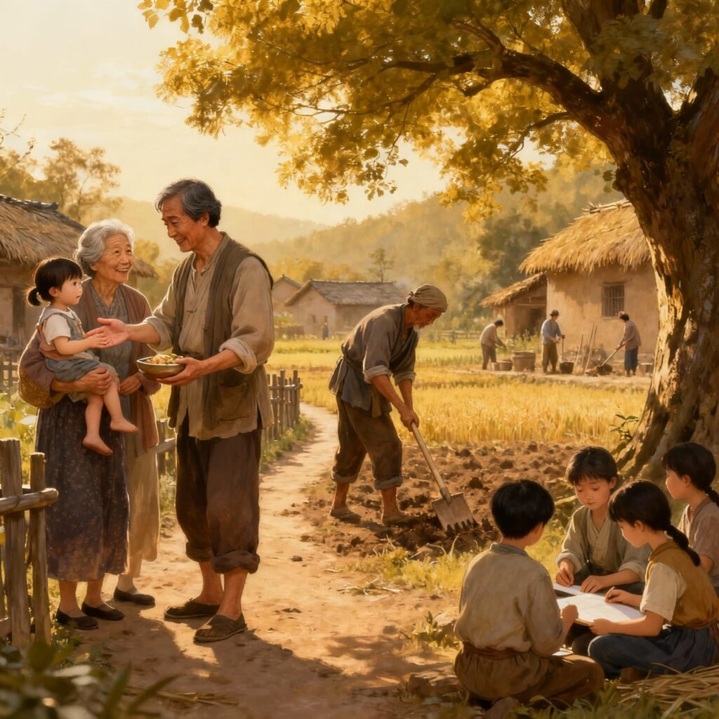 Elderly villagers interacting with children in a peaceful rural setting, symbolizing community care and shared responsibility